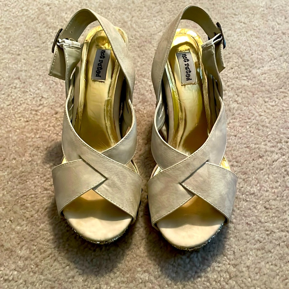 Cream suede, sparkly heels. Size 9.
